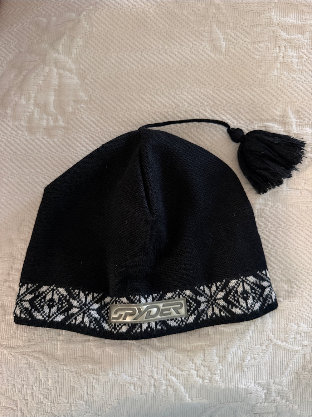 Spyder Black White Nordic Fleece Lined Tassel Beanie